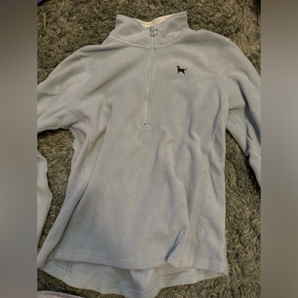 light blue-gray black dog quarter zip sweater
